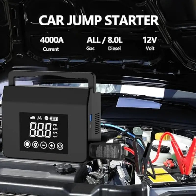 【Hieha】Portable Car Jump Starter, 4000A Car Battery Booster, Built-in 150PSI Tire Inflator, 12V Car Battery Starter, 15000mAh Power Bank with LED Light
