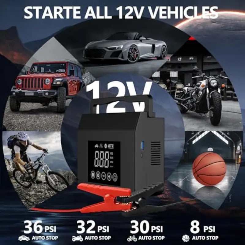 【Hieha】Portable Car Jump Starter, 4000A Car Battery Booster, Built-in 150PSI Tire Inflator, 12V Car Battery Starter, 15000mAh Power Bank with LED Light