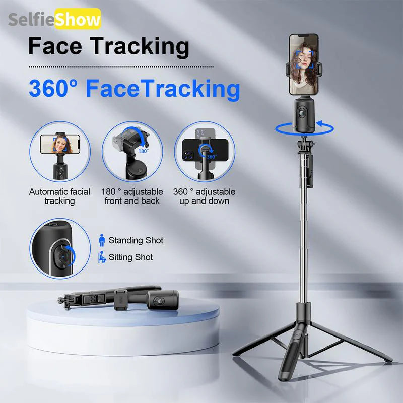 Smart AI Facial Recognition Phone Tripod – 360° Pan & Tilt with Auto Tracking