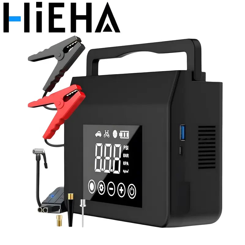 【Hieha】Portable Car Jump Starter, 4000A Car Battery Booster, Built-in 150PSI Tire Inflator, 12V Car Battery Starter, 15000mAh Power Bank with LED Light